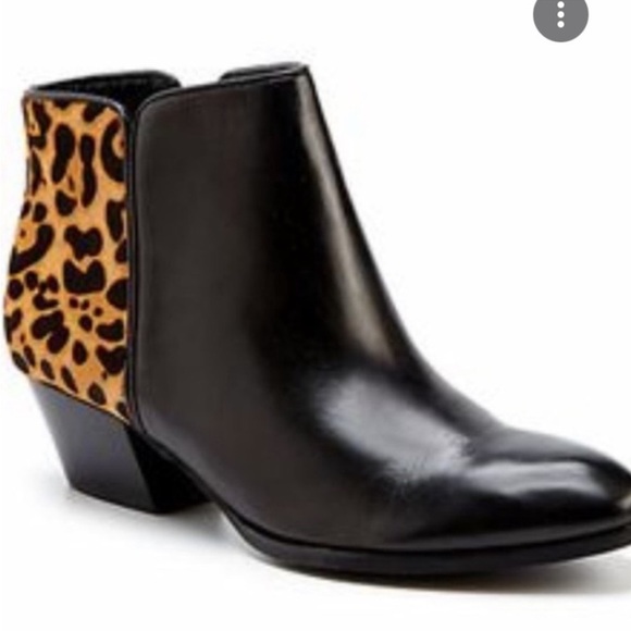 Franco Sarto Shoes Quasar Black Leather Leopard Print Ankle Booties Size 8 - Picture 2 of 14